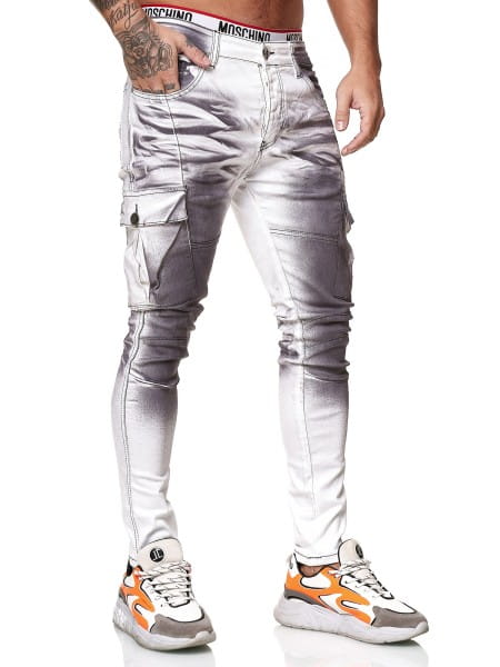 OneRedox Designer Herren Jeans Cargohose Regular Skinny Fit Jeanshose Destroyed Stretch Modell 8020