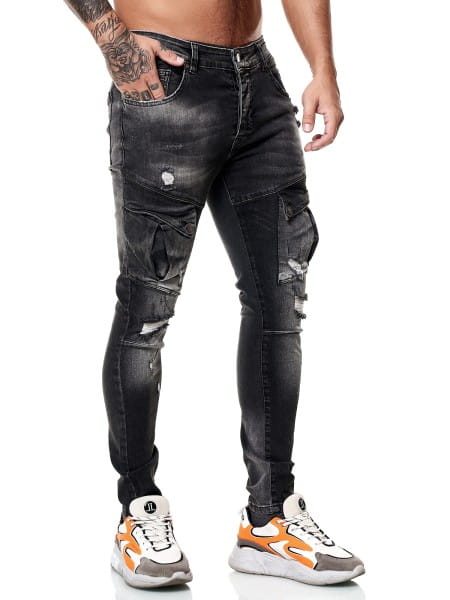 Designer Herren Jeans Cargohose Regular Skinny Fit Jeanshose Destroyed Stretch Modell 8027